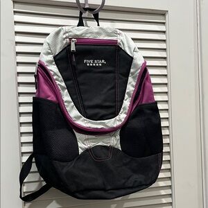 Five Star black purple and silver open top wide mouth backpack w/ padded straps